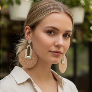 Elegant Gold and Cork Tan Earrings